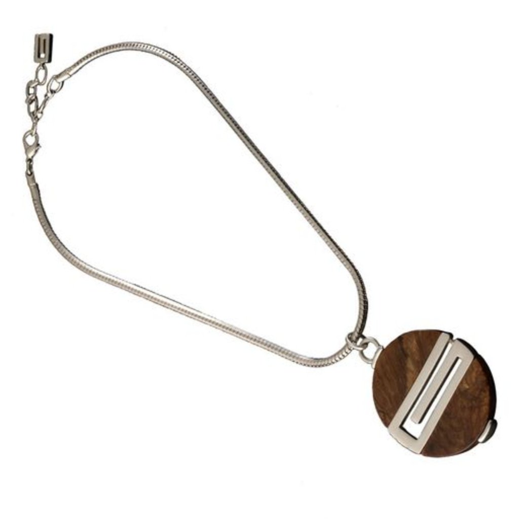 Givenchy 1970's Wooden Teak Pendant & Givenchy Silver Rope Chain Necklace
